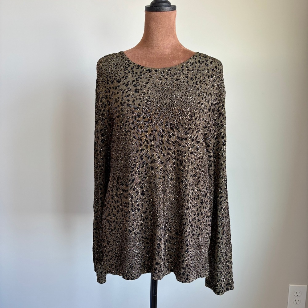 90s Vintage Chicos Cheetah Print Top Size 2 Sparkly Gold Rhinestone Tuscan Mom